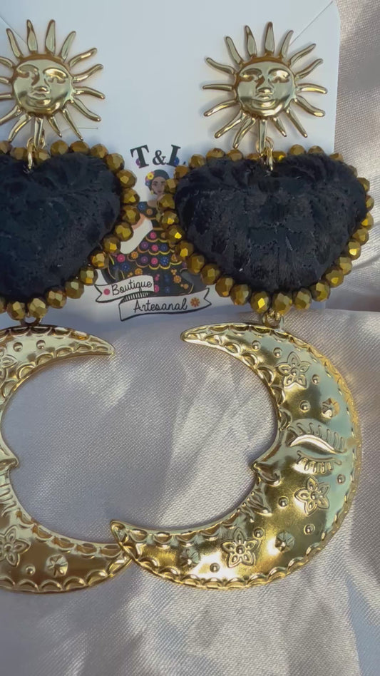 Aretes de corazon bordado/unicos/aretes de luna