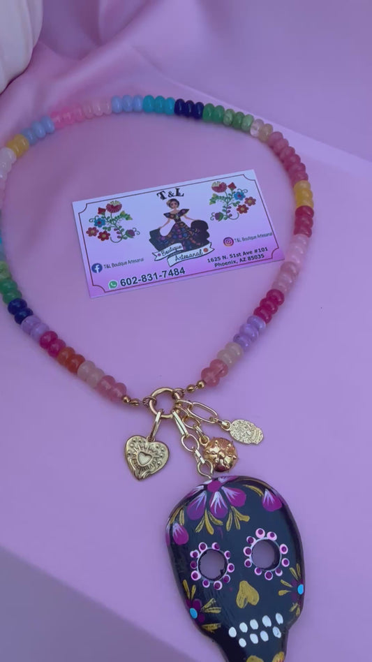 Hand Painted Copal Wood Sugar Skull Necklace | Natural Gemstone Beaded Collar | Mexican Folk Art Jewelry | Día de Muertos Inspired Pendant